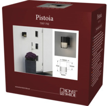 Konstsmide Pistoia buitenwandlamp in zwart, afmetingen 17 centimeter bij 16,5 centimeter, verpakking met toepassingsvoorbeeld.