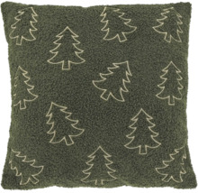Vierkant sierkussen van donkergroene, gestructureerde stof met geborduurde contouren van kerstbomen.