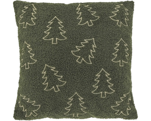 Vierkant sierkussen van donkergroene, gestructureerde stof met geborduurde contouren van kerstbomen.