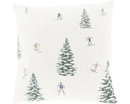 Vierkant sierkussen met geweven wintermotief van dennenbomen en skiërs.