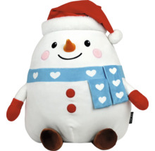 Pluchen sneeuwpop met kerstmuts, sjaal met hartjespatroon en wanten.