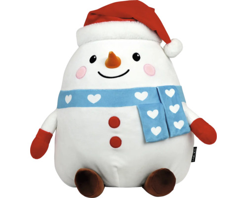 Pluchen sneeuwpop met kerstmuts, sjaal met hartjespatroon en wanten.
