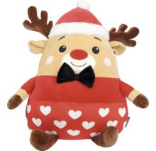 Pluche rendier met kerstmuts, rode trui met hartjespatroon en zwarte strik.