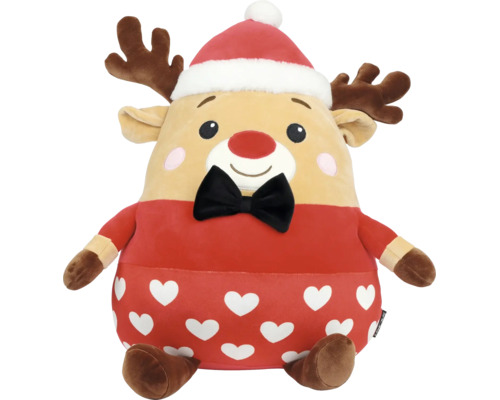 Pluche rendier met kerstmuts, rode trui met hartjespatroon en zwarte strik.
