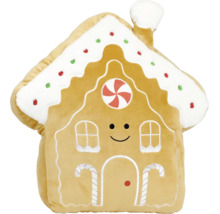 Zacht pluche kussen in de vorm van een peperkoekhuisje met een lachend gezicht en decoratief borduurwerk.