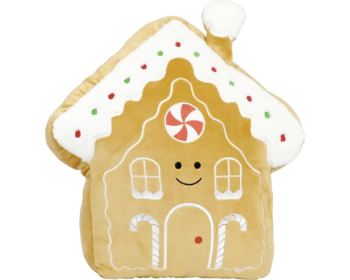 Zacht pluche kussen in de vorm van een peperkoekhuisje met een lachend gezicht en decoratief borduurwerk.