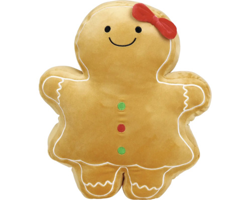 Pluche kussen in de vorm van een peperkoekmannetje met rode strik, gezicht en versierde randen.