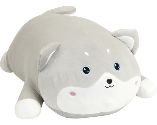 Knuffeldier hond Shiba Inu van zacht grijs-wit materiaal in ronde kussenvorm.