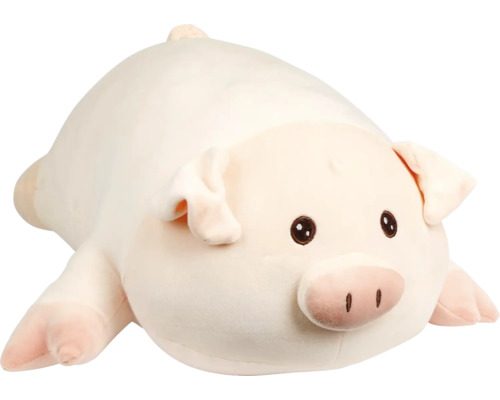 Pluche varken, zacht knuffeldier in liggende vorm.