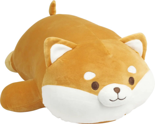Knuffel Shiba Inu liggend, zachte pluche hond in bruin en wit.