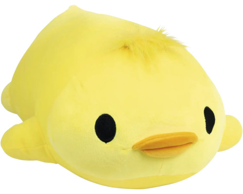 Zacht geel pluche kuiken met zwarte ogen en een oranje snavel.