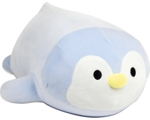 Blauw-witte pinguïn knuffel van zacht materiaal in kussenvorm met een gele snavel.
