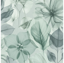 Behang met botanisch patroon van transparante, overlappende bladeren en bloemen.