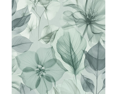 Behang met botanisch patroon van transparante, overlappende bladeren en bloemen.