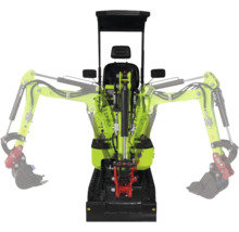 Zipper minigraafmachine in groen en zwart met weergave van de zwenkarm, rupsbanden en beschermdak.