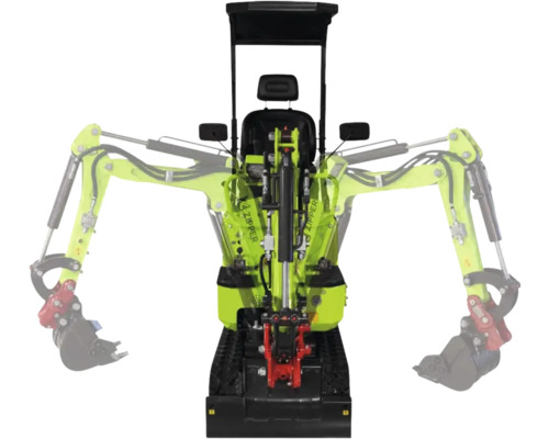 Zipper minigraafmachine in groen en zwart met weergave van de zwenkarm, rupsbanden en beschermdak.
