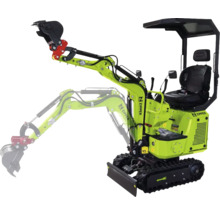 Groene Zipper minigraver met rupsbanden, verstelbare graafarm en beschermdak.