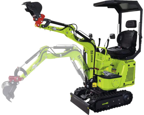 Groene Zipper minigraver met rupsbanden, verstelbare graafarm en beschermdak.