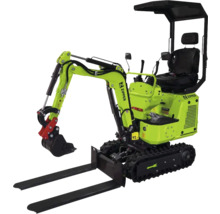 Zipper minigraafmachine met rupsbanden, graafbak, palletvork en beschermdak.