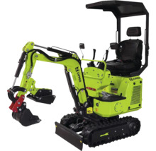 Groene Zipper minigraafmachine met rubberen rupsbanden, graafbak en beschermdak.