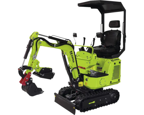 Groene Zipper minigraafmachine met rubberen rupsbanden, graafbak en beschermdak.