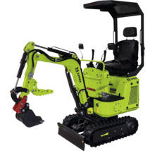 Groene Zipper graafmachine met rupsbanden, graafarm, graafbak en zwart beschermdak.