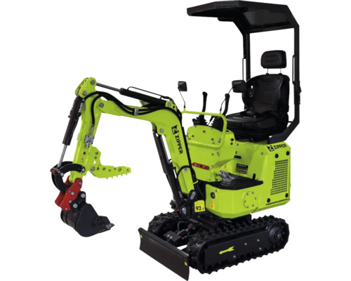 Groene Zipper graafmachine met rupsbanden, graafarm, graafbak en zwart beschermdak.