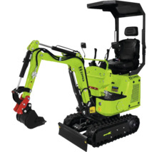 Groene Zipper minigraafmachine met rupsbanden, beschermdak, schuifblad en graafbak.