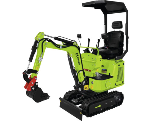 Groene Zipper minigraafmachine met rupsbanden, beschermdak, schuifblad en graafbak.