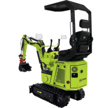 Zipper minigraafmachine met dak, rupsbanden en graafbak in de kleur geelgroen.