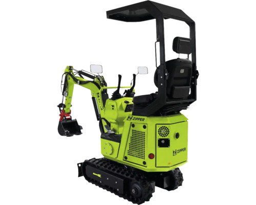 Zipper minigraafmachine met dak, rupsbanden en graafbak in de kleur geelgroen.
