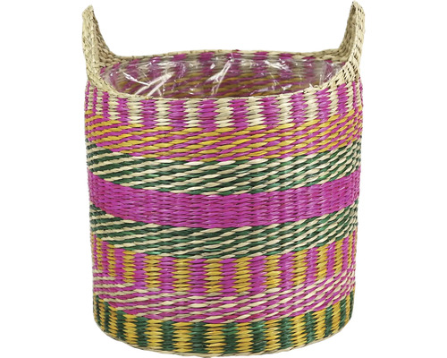 Rond gevlochten mand van zeegras met twee handvatten en kunststof binnenvoering, bont gestreept patroon.