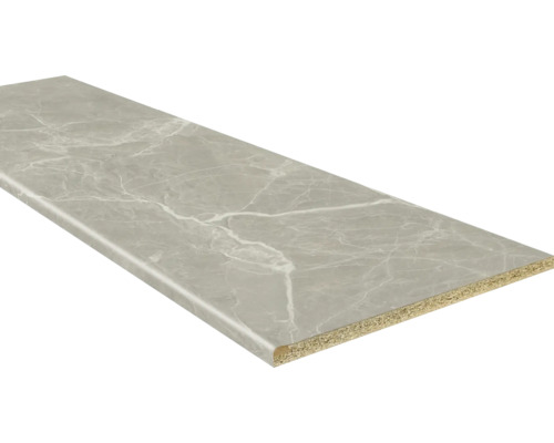 Werkblad in marmerlook met afgeronde voorzijde en spaanplaatkern.