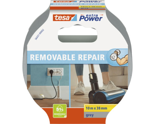 tesa Extra Power Removable Repair tape, 10 meter bij 38 millimeter, grijs, 51 procent hernieuwbare materialen, tesa Logo.
