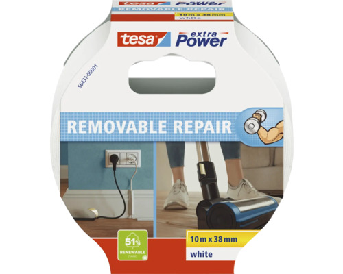 tesa extra Power Removable Repair tape, 10 meter bij 38 millimeter, wit, voor tijdelijke reparaties, 51 procent hernieuwbaar materiaal.