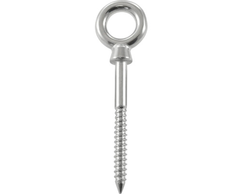 Oogschroef van glanzend metaal met een rond oog en houtdraad.