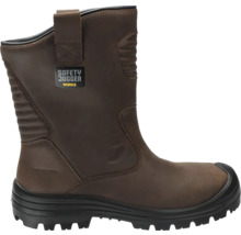 Bruine veiligheidslaars van leer met Safety Jogger Works Logo, geprofileerde zool en aantreklussen.