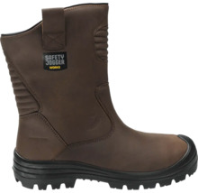 Bruine leren veiligheidslaars met hoge schacht, zwarte profielzool en versterkte neus van Safety Jogger Works.