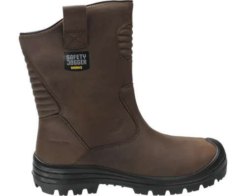 Bruine leren veiligheidslaars met hoge schacht, zwarte profielzool en versterkte neus van Safety Jogger Works.