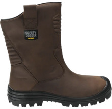 Bruine lederen veiligheidslaars met zwarte profielzool en treklussen van Safety Jogger Works.