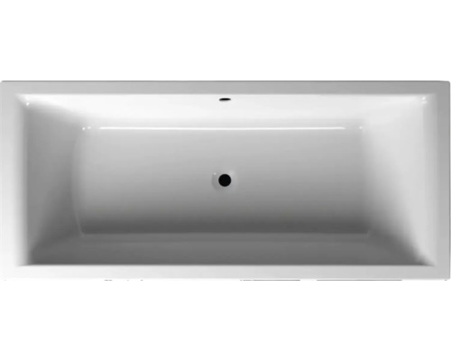 Witte rechthoekige badkuip in bovenaanzicht met centrale afvoer en overloop.