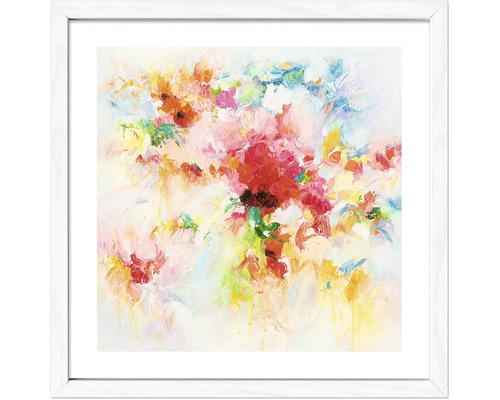 Ingelijste afbeelding met abstract bloemenmotief, witte lijst met passe-partout, vierkante wanddecoratie.