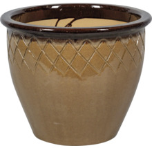 Geglazuurde keramieken bloempot met ruitpatroon aan de bovenrand.