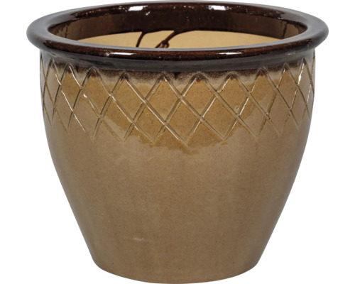 Geglazuurde keramieken bloempot met ruitpatroon aan de bovenrand.