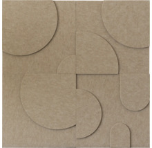 Akoestisch wandpaneel van vilt met geometrisch reliëf van cirkels en bogen.