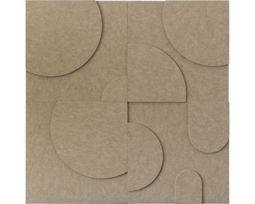 Akoestisch wandpaneel van vilt met geometrisch reliëf van cirkels en bogen.
