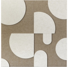 Vierkant akoestisch paneel van vilt met diverse aangebrachte geometrische vormen zoals cirkels en halve cirkels voor geluidsisolatie.