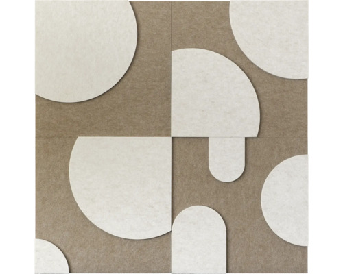 Vierkant akoestisch paneel van vilt met diverse aangebrachte geometrische vormen zoals cirkels en halve cirkels voor geluidsisolatie.