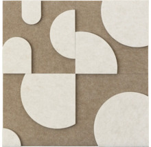 Akoestisch wandpaneel met geometrisch patroon van cirkels en halve cirkels van vezelachtig materiaal.