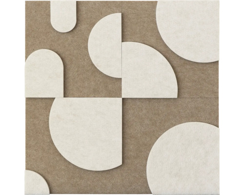 Akoestisch wandpaneel met geometrisch patroon van cirkels en halve cirkels van vezelachtig materiaal.